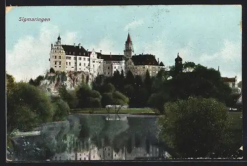 AK Sigmaringen, Uferpartie mit Schloss