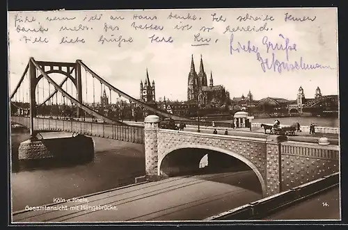 AK Köln a. Rhein, Gesamtansicht mit Hängebrücke