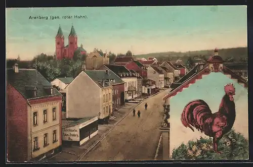 AK Arenberg, Roter Hahn, Kirche, Dorfstrasse mit Häusern