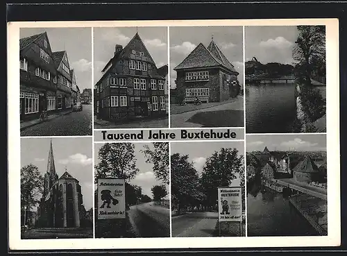 AK Buxtehude, Strassenpartie mit Geschäften, Kirche, tausendjähriges Jubiläum