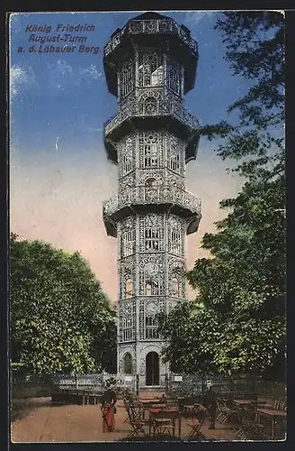 AK Löbau, König Friedrich August-Turm a. d. Löbauer Berg, Café