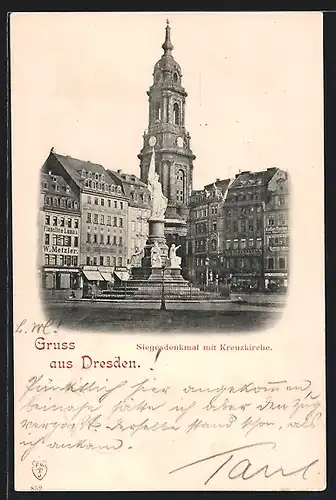 AK Dresden, Siegesdenkmal mit Kreuzkirche, Geschäft W. Metzler