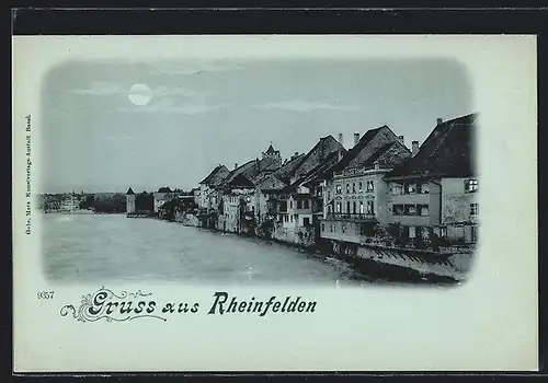Mondschein-AK Rheinfelden, Panorama vom Wasser aus gesehen