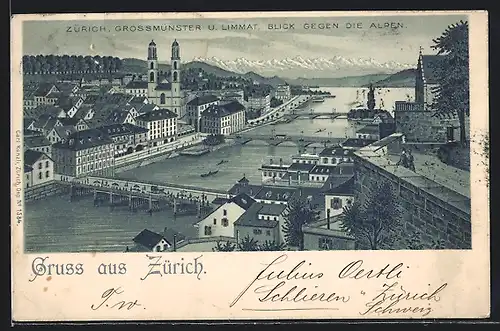 Lithographie Zürich, Grossmünster und Limmat, Blick gegen die Alpen