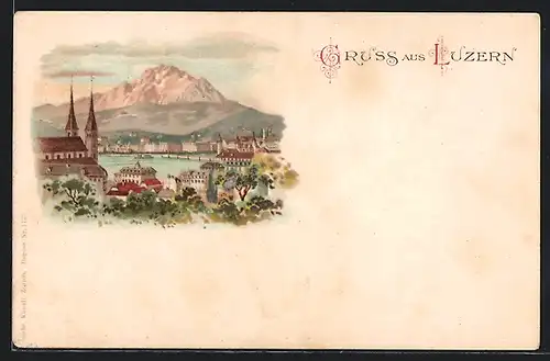 Lithographie Luzern, Teilansicht mit Kirche