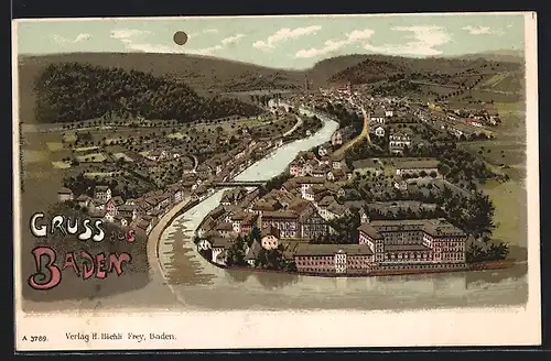 Lithographie Baden, Totalansicht aus der Vogelschau