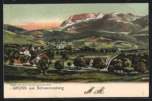 AK Schwarzenberg, Ortsansicht mit Bergpanorama