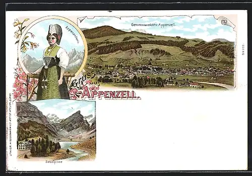 Lithographie Appenzell, Gesamtansicht, Seealpsee, Appenzellerin