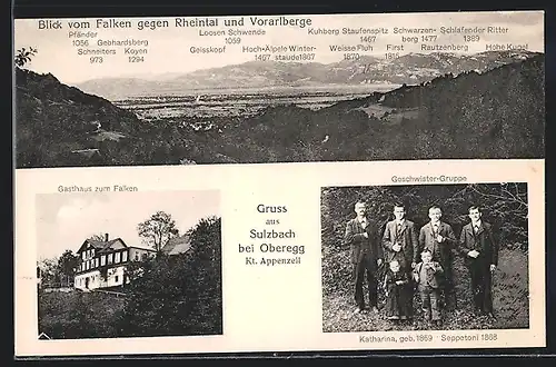 AK Sulzbach bei Oberegg, Gasthaus zum Falken, Geschwister-Gruppe Kahtarina geb. 1869 u. Seppetoni 1868, Panorama