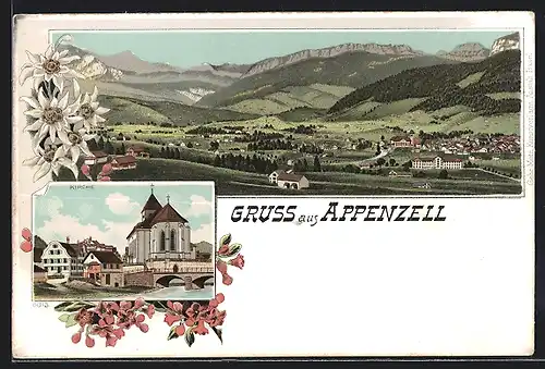 Lithographie Appenzell, Partie mit Kirche und Brücke, Panorama