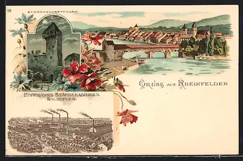 Lithographie Rheinfelden, Ortsansicht mit Brücke, Hoffmanns Stärkefabriken Salzuflen
