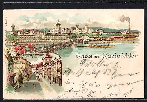 Lithographie Rheinfelden, Rhein-Kanal mit Brücke, Strassenpartie