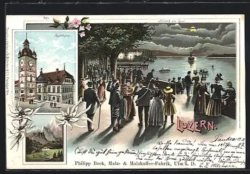 Lithographie Luzern, Abend am Quai, Rathaus, Ortspartie