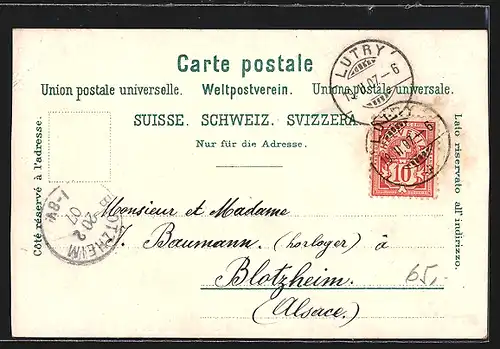 Lithographie Luzern, Abend am Quai, Rathaus, Ortspartie