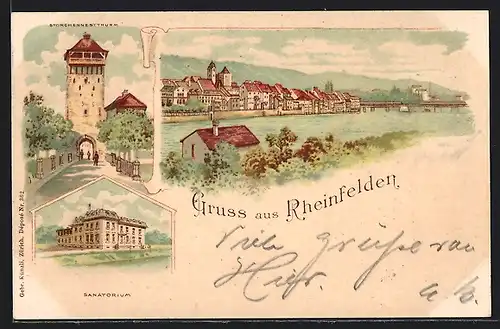 Lithographie Rheinfelden, Storchennestturm, Sanatorium, Totalansicht