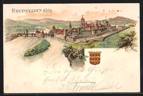 Lithographie Rheinfelden, Teilansicht mit Wappen