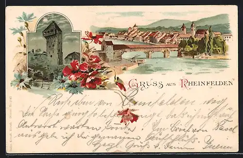 Lithographie Rheinfelden, Teilansicht mit Bürcke, Tor