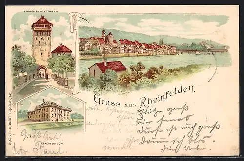 Lithographie Rheinfelden, Storchennestturm, Sanatorium, Totalansicht