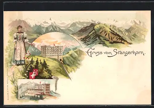 Lithographie Stans, Hotel Stanserhorn, Gebirgspanorama, Schweizerin in Tracht