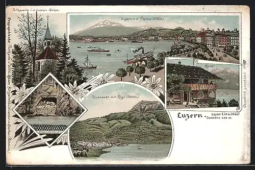 Lithographie Luzern, Küssnacht mit Rigi, Rütli, Tellkapelle i. d. hohlen Gasse