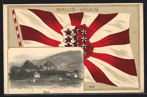 Präge-AK Sion, Ortspartie, Flagge von Wallis, Passepartout