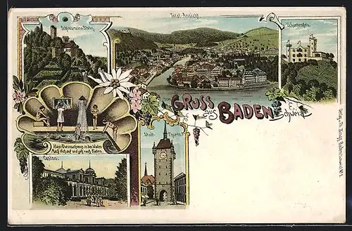 Lithographie Baden, Schlossruine Schweiz, Casino, Stadtturm