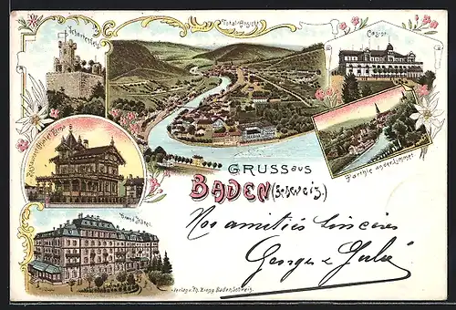 Lithographie Baden, Totalansicht, Schartenfels, Casino, Partie am Limmat, Grand Hotel