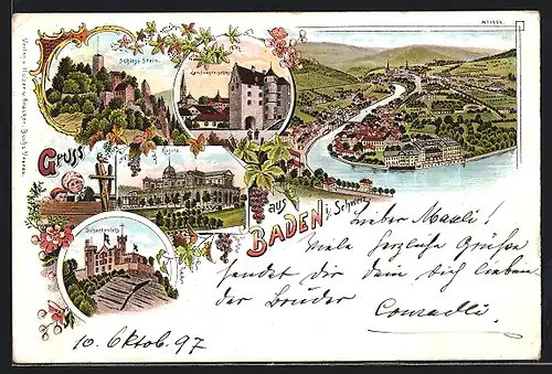 Lithographie Baden, Kasino, Schartenfels, Schloss Stein