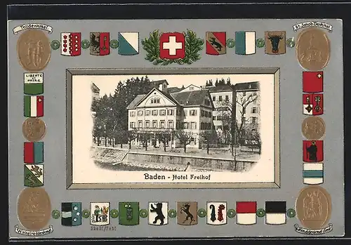 AK Baden, Hôtel Freihof mit Wappen