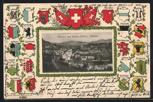 Präge-AK Baden, Grosse und Kleine Bäder, Wappen von Uri, Bern und Zug, Passepartout