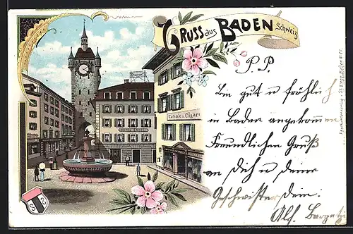 Lithographie Baden, Strassenpartie mit Hotel Engel und Brunnen