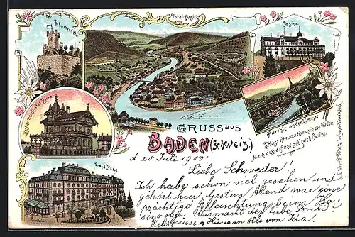 Lithographie Baden, Totalansicht, Schartenfels, Casino, Partie am Limmat, Grand Hotel