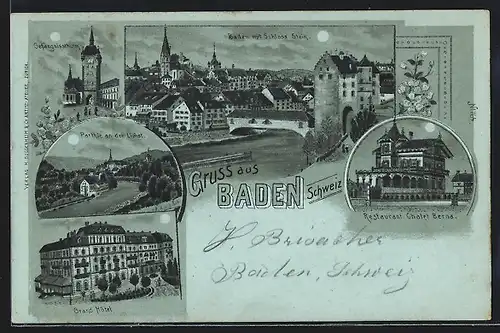 Mondschein-Lithographie Baden, Grand Hotel, Restaurant Chalet Berna, Gefängnisturm