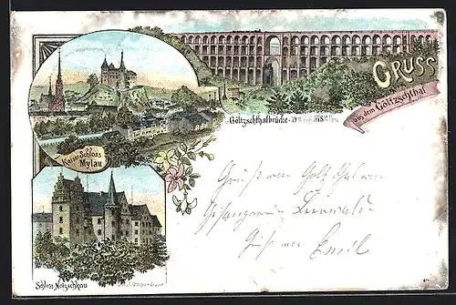 Lithographie Netzschkau, Kaiserschloss Mylau, Schloss Netzschkau, Göltzschthalbrücke