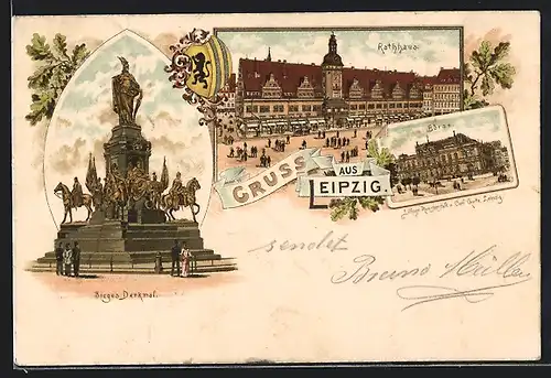 Lithographie Leipzig, Rathaus, Sieges-Denkmal u. Börse