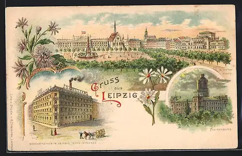 Lithographie Leipzig, Geschäftshaus Nord-Strasse, Pleisenburg, Augustus-Platz