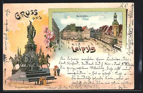 Lithographie Leipzig, Siegesdenkmal 1870 /71, Marktplatz