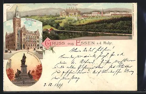 Lithographie Essen a. d. Ruhr, Krupp-Denkmal, Rathaus, Villa Hügel