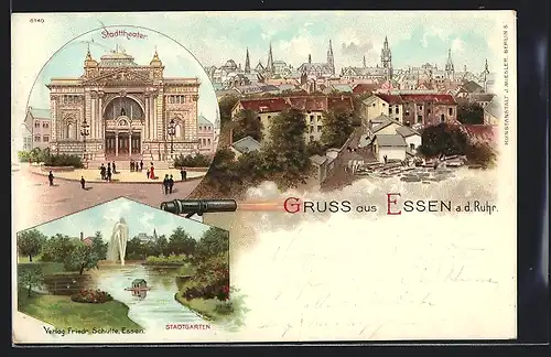 Lithographie Essen a. d. Ruhr, Generalansicht der Stadt, vor dem Stadttheater, Wasserspiel im Stadtgarten