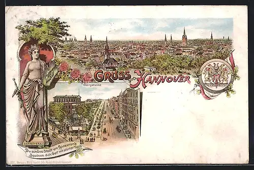 Lithographie Hannover, Georgstrasse, Panorama und Hannovera