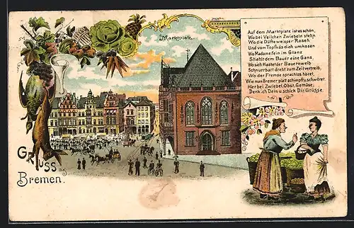 Lithographie Bremen, Marktplatz, Marktfrauen im Gespräch, Pferdekutsche