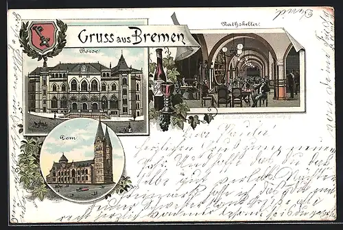 Lithographie Bremen, Börse, Rathskeller, Dom