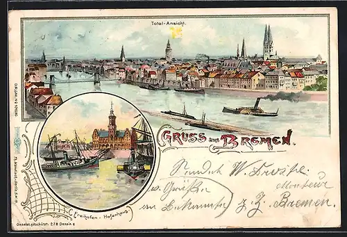 Lithographie Bremen, Totalansicht, Freihafen mit Hafenhaus