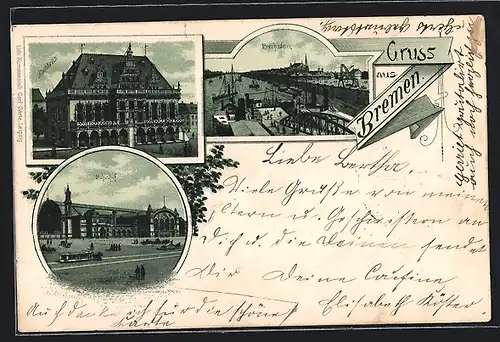 Lithographie Bremen, Freihafen, Rathaus, Bahnhof