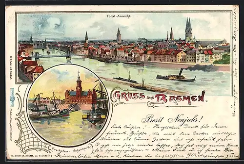 Lithographie Bremen, Totalansicht, Freihafen mit Hafenhaus