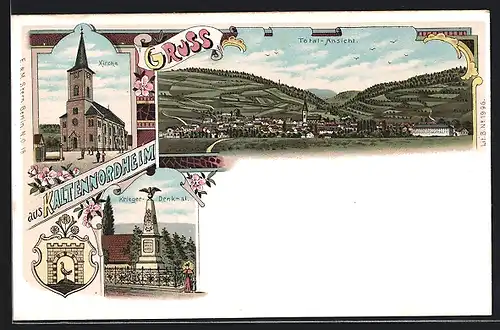 Lithographie Kaltennordheim, Kirche, Kriegerdenkmal, Wappen, Panorama