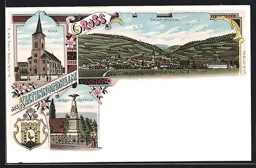 Lithographie Kaltennordheim, Kirche, Kriegerdenkmal, Wappen, Panorama