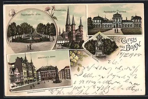 Lithographie Bonn, Pappelsdorfer Allee, Pappelsdorfer Schloss, Markplatz, Schumann-Denkmal