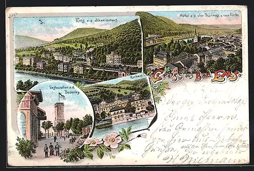 Lithographie Bad Ems, Restaurant a. d. Bederley mit Aussichtsturm, Hotel z. d. vier Türmen mit neuer Kirche