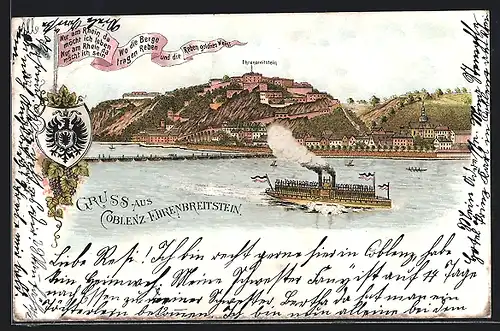 Lithographie Coblenz, Dampfer passiert Ehrenbreitstein